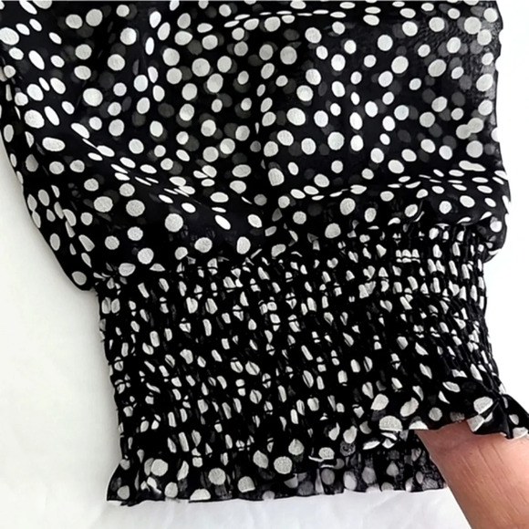 ESPRIT  Blouse Top Black White Polka Dots Semi Sheer Ruffle Long Sleeves Size XS - Picture 6 of 14